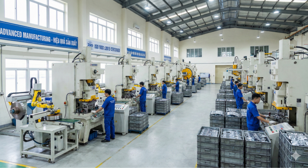 A modern manufacturing facility with rows of large industrial stamping machines operated by technicians in blue uniforms, producing metal components in an organised, well lit production line.